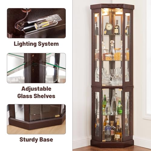 BAOMKONG Tall Corner Cabinet with Glass Doors, Lighted Glass Display Curio Cabinet with Adjustable Shelves, Home Office Floor Standing Display Cabinet for Bar, Liquor Storage and Medal, Dark Cherry BAOMKONG