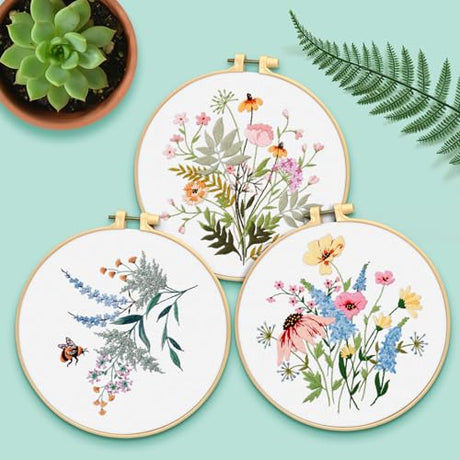 ERKOON Embroidery Kit for Beginners, 5 Sets Flower Cross Stitch Set for Adults Include Embroidery Cloth Hoops Threads for Craft Lover Hand Stitch with Skill Techniques (Flower) ERKOON