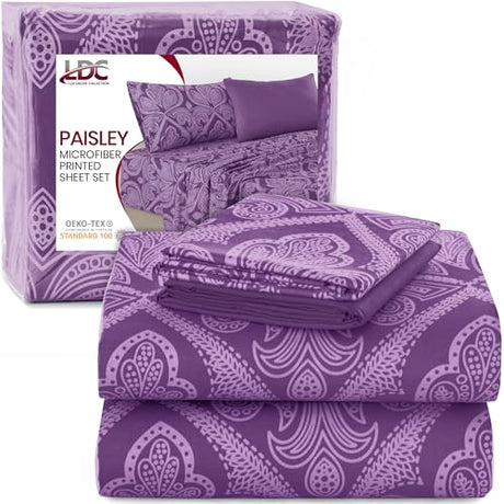 Ultra Soft Wrinkle-Free Microfiber Paisley Twin XL Sheet Set, Breathable Boho Bed Sheet Set – 16" Deep Pocket Fitted Sheet, Flat Sheet & 2 Pillowcases, Juegos de Sábanas, OEKO-TEX - Purple LDC LUX DECOR COLLECTION