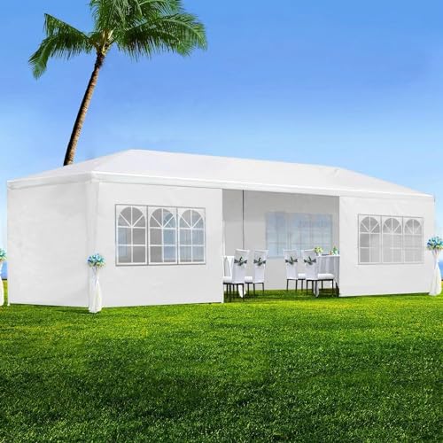 Acosure 10x30' Wedding Party Canopy Tent with 8 Removable Sidewalls,Outdoor Gazebo W/Ropes and Stakes,for Gardens,Patios,Beaches,Parties,Easy to Assemble,White