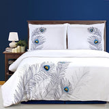 100% Cotton, 3-Piece King/California King, Single Ply, Soft, Embroidered Peacock Duvet Cover Set, Silver Superior