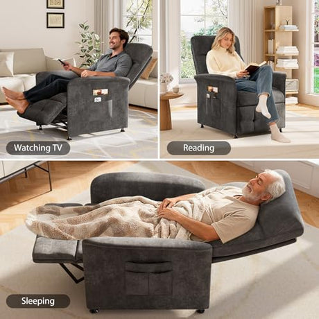 LegacyAmerhome Power Recliner Chair for Adults with Heat & Massage - Soft Fabric Electric Reclining Sofa with Remote Control, 180° Lay Sleeper 3 Side Pockets for Living Room Home Theater, Dark Grey LegacyAmerhome