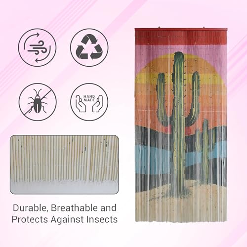 Vietbud Décor Cactus Bamboo Beaded Curtains for Doorways, Decorative Room Divider, Natural Vietnamese Craft, Indoor Hanging Bamboo Blinds, Sturdy Hook, Easy to Clean, 35.43 x 78.74 Inches VIETBUD DECOR