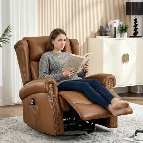 Genuine Leather Recliner Chair for Adults, Manual Swivel Rocker Glider Rocking Chair with Vibration Massage Lumbar Heat for Nursery, Rivet Design Single Sofa Chair for Living Room - Brown
