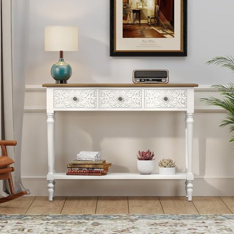 3More Entryway Console Table with 3 Drawers,42" Carved Hallway Table with Open Shelf,Long Sofa Table for Living Room, Hallway, Behind Couch,White 3More