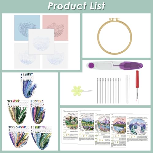 ERKOON Embroidery Kit for Beginners, 5 Sets Flower Cross Stitch Set for Adults Include Embroidery Cloth Hoops Threads for Craft Lover Hand Stitch with Skill Techniques (Landscape)