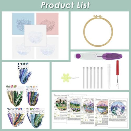 ERKOON Embroidery Kit for Beginners, 5 Sets Flower Cross Stitch Set for Adults Include Embroidery Cloth Hoops Threads for Craft Lover Hand Stitch with Skill Techniques (Landscape) ERKOON