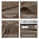 Madison Park Quebec Quilt Set - Luxurious Damask Stitching Design, Cotton Filled Lightweight Coverlet Bedspread Bedding, Shams, Full/Queen(90"x90"), Mocha 3 Piece Madison Park