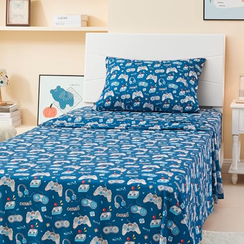 Softan Kids Bed Sheet Set, 4-Piece Full Size Sheets, Microfiber Fitted Sheet with 15 Inches Deep Pocket and Corner Straps, Breathable & Silky Soft Game Controller Printed Sheet and Pillowcase Sets Softan