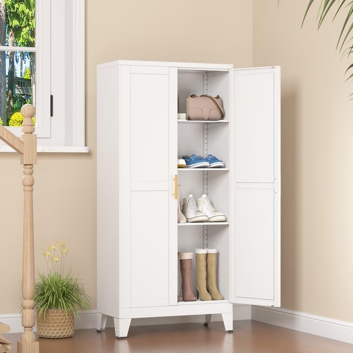 RISTERN White Metal Storage Cabinet, 48" Steel Cabinets for Home Office, Kitchen Pantry Storage Cabinet with Doors and 3 Adjustable Shelves, for Office, Home, Garage, School RISTERN