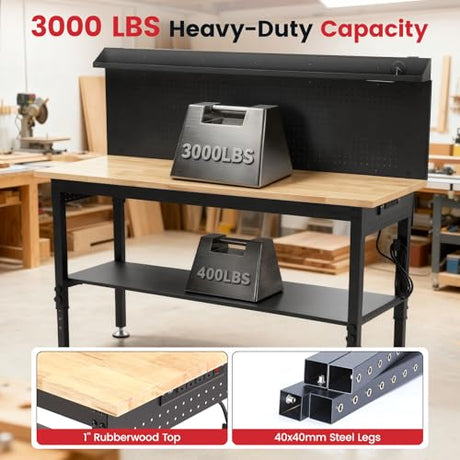 ENJOYWOOD 60'' Heavy Duty Workbench 3000 LBS Load Capacity Adjustable Height Garage Work Bench with Pegboard, Storage Shelf, Power Outlets and LED Light ENJOYWOOD