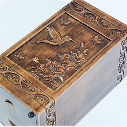 engmvwod Handmade Wooden Engraved Urn for Human Ashes 250lbs Adult Male Female Satin Bag Hummingbird Cremation urns Box - WoodArtSupply