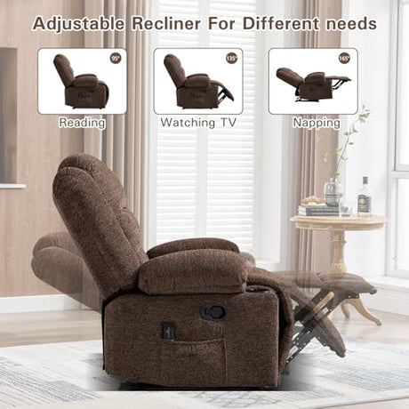 EBELLO Manual Recliner Chair for Adults with Vibration Massage and Lumbar Heating, Soft Fabric Recliner Single Sofa for Living Room with Side Pocket and Two Cup Holders, Brown EBELLO