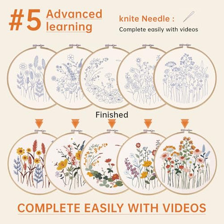 CYANFOUR 5 Pack Beginner Embroidery Kit for Adults, Easy to Learn Floral Embroidery Patterns from Video & Instruction, Needlepoint Kits for Adults Include Embroidery Hoop, Colorful Threads, Tools CYANFOUR