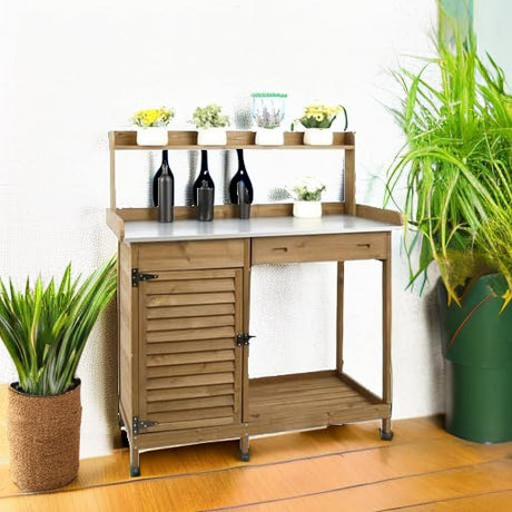 PetsCosset Garden Potting Benche Table Outdoor Wooden Work Station W/Metal Table top,Cabinet,Drawer,Large Bottom Shelf,Open Shelf Natural Wood-Brown-Brown PetsCosset