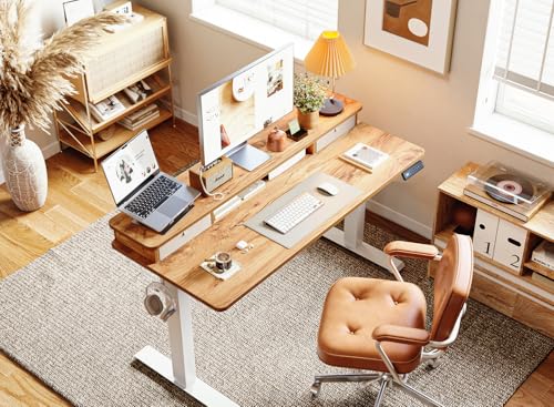 BANTI 48x24 Inch Electric Standing Desk with Dual Drawers, Height Adjustable Stand Up Table, Sit Stand Home Office Desk with Storage Shelf, White Frame/Light Rustic Brown Top BANTI