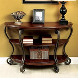BOWERY HILL Traditional 2-Shelf Wood Console Table, 48" W x 19" D x 30" H, Brown Cherry Finish, Solid Wood and Veneer, Scrolled Metal Legs, Tempered Glass Top, Space-Saving Living Room Entryway Decor BOWERY HILL