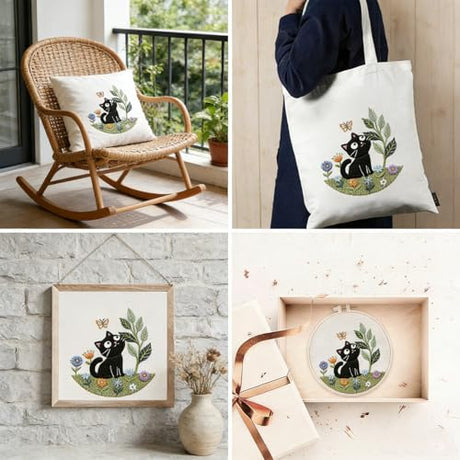 ZGEZGE Cat Embroidery Set – A Cute Black cat and Butterfly Pastoral Style DIY Embroidery Beginner Set Suitable for Both Beginners and Adults. Perfect for Handmade Gifts and Home décor. ZGEZGE