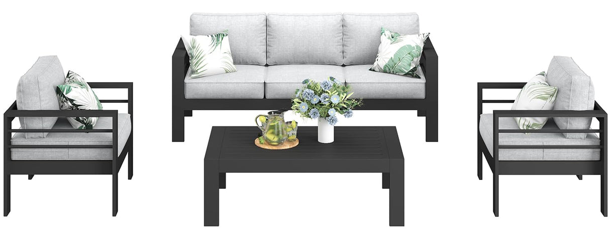 LayinSun Outdoor Aluminum Furniture Set, 4 Pieces Patio Sectional Conversation Chat Sofa Modern Seating Set with Coffee Table LayinSun