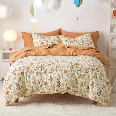 Wake In Cloud - Floral Bedding Set for Girls, Cute Colorful Botanical Flowers Patterned Soft Lightweight Comforter Set with Sheets, 7 Pieces Kids Bed in a Bag, Orange Cream, Full Size Wake In Cloud
