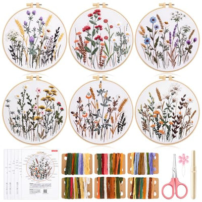 6 Pack Embroidery Kit for Beginners and Adults, Flower Cross Stitch Kits Needlepoint Kits, Hand Embroidery Kit Includes 6 Floral Embroidery Patterns, 1 Embroidery Hoop, Instructions and Other Tools