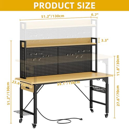 DWVO 60" Adjustable Workbench with Pegboard, Heavy Duty Wood Top Work Bench with Wheels, 1600 LBS Load Capacity, Rolling Work Table with AC/USB Outlet, Hooks, Rack for Garage, Workshop, Offic - WoodArtSupply