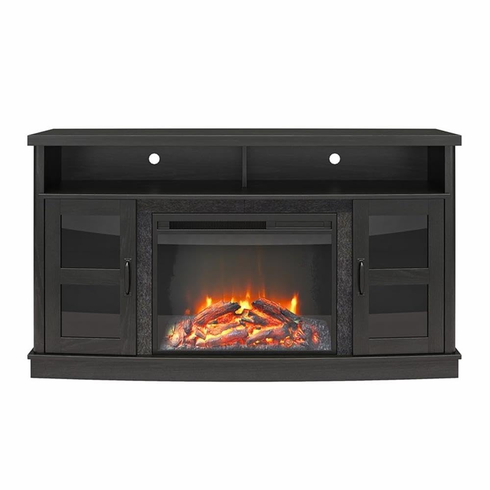 Ameriwood Home Barrow Creek Fireplace TV Stand for TVs up to 60 Inch, Replaceable Electric Fireplace Insert Heater, Remote Control, Timer, Realistic Log and Flame Effect, Black Oak Ameriwood Home