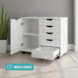 5-Drawer Dresser with 2-Shelf Cabinet, White, Smart Storage, Streamlined with Adjustable Dividers, Lockable Casters & Smooth Slides; Multi-Use Rolling Storage for Office, Craft Room, Bedroom Naomi Home
