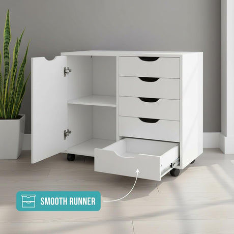 5-Drawer Dresser with 2-Shelf Cabinet, White, Smart Storage, Streamlined with Adjustable Dividers, Lockable Casters & Smooth Slides; Multi-Use Rolling Storage for Office, Craft Room, Bedroom Naomi Home