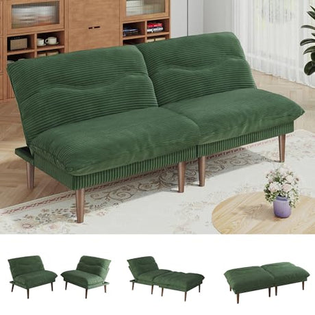 DreamDashio Futon Sofa Bed, 4 in 1 Multi-Functional Futon Couch with Adjustable Backrest, 75 inch Convertible Sleeper Sofa Bed and Recliner Lounge, Corduroy Loveseat for Living Room, Apartment, Green DreamDashio