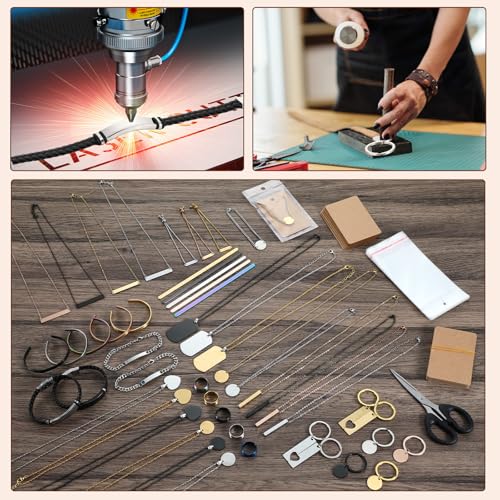 Quelay 99 Pcs Laser Engraving Materials Bulk Include 46 Jewelry Making Engraving Accessories Kit Necklace Bracelet Ring Keychain with Laser Marking Paper for Laser Engraver DIY Crafting Supplies Quelay