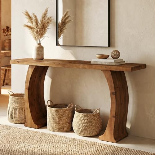 Tribesigns 63" Farmhouse Console Table for Living Room, Rustic Entryway Table with Curved Legs, Vintage Brown Tribesigns