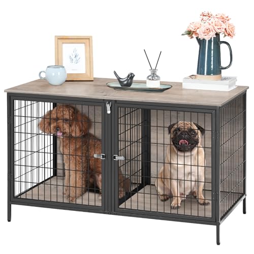 MAHANCRIS Dog Crate Furniture for 2 Dogs, 43.3" Dog Kennel with Removable Divider, Heavy Sturdy Dog Furniture Style Double Cage for Small Medium Dog, Indoor Pet House End Table, Greige DCHG1201 MAHANCRIS