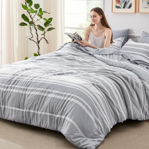 Bedsure Full Comforter Set 7 Pieces, Grey Striped Bedding Set for All Seasons, Reversible, Cationic Dyeing Bed in a Bag with Comforter, Sheets, Pillowcases & Shams Bedsure