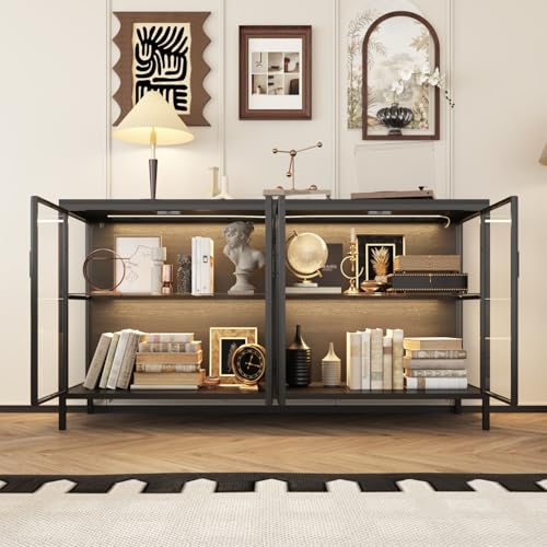 FUNISIR Buffet Cabinet with Storage & LED Light, 55.1" Large Kitchen Sideboard with 4 Glass Doors, Modern Coffee Bar with Metal Frame, Console Table for Living Room, Dining Room, Black FUNISIR