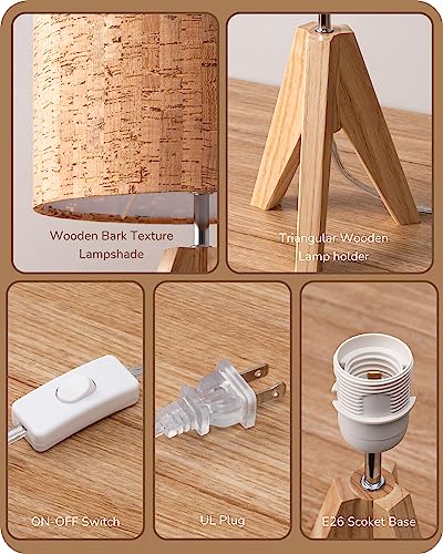 EDISHINE Small Table Lamp, Wooden Tripod Nightstand Lamp with Bark Linen Shade, Farmhouse Bedside Lamp for Nursery, Bedroom, Kids Room, Office, Reading Desk, 14.2 Inch, E26 Socket, ON/Off Switch EDISHINE