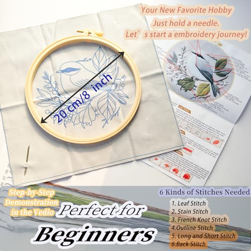 FONNUY Wild Birds Embroidery Kit, Pre-Stamped Green Tree Bird Patterns Kits for Adults and Beginners, Handmade DIY Crafts Set, Color Thread Needlework, 8'' Hoop (Chubby Little Bird)