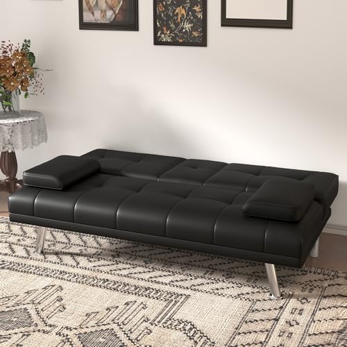 67"Modern Futon Sofa Bed,Convertible 3 in 1 Sleeper Bed Couches with Adjustable Backrest,Cup Holders,Comfy PU Leather Recliner Sofa Loveseat with Chrome Legs for Small Home Living Room (Black) Majnesvon