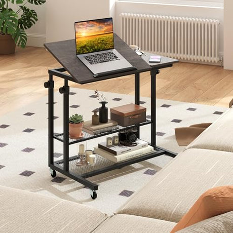 Giantex Mobile Standing Desk, Adjustable Rolling Computer Desk w/Tilting Desktop & Storage Shelves, PC Laptop Table, Small Compact Desk on Wheels for Small Space, Living Room & Bedroom (Black Oak) Giantex