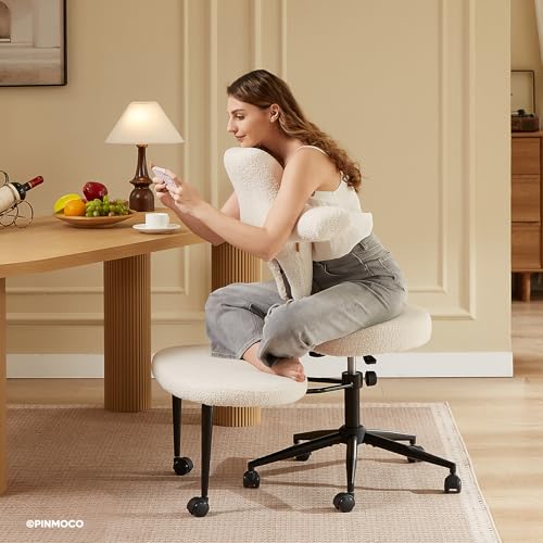 Pinmoco Ergonomic Cross Legged Office Chair Extra Wide for ADHD and Meditation, Kneeling Chair with 360° Swivel Wheels and Reversible Seating, Adjustable Height and Seat Deapth, Teddy Fabric, White Pinmoco