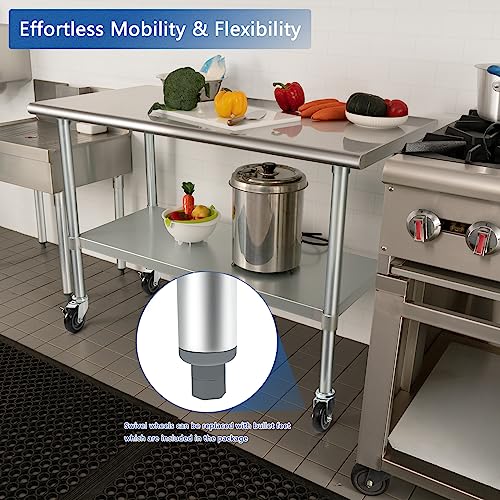 HARDURA Stainless Steel Table with Wheels 24 x 48 Inches Casters NSF Heavy Duty Commercial Work & Prep Table with Undershelf and Galvanized Legs for Restaurant Kitchen Bar and Hotel Garage HARDURA Restaurant Equipment