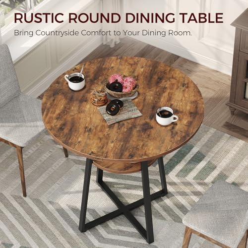 MAHANCRIS 31.5" Round Dining Table for 2-4, Farmhouse Kitchen Table with Storage Shelf, Small Circle Dining Table Space Saving, for Dining Room, Kitchen, Living Room, Rustic Brown and Black DTHR8201 MAHANCRIS