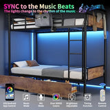 Jocoevol Metal LED Bunk Bed Twin Over Twin with 2 Storage Drawers, USB Charging Station, Industrial Bunkbeds Heavy Duty Bed with Safety Guardrail and Ladder, No Box Spring Needed, Vintage Brown Jocoevol
