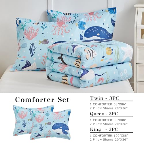 Joyreap 3pcs Cotton Twin Size Comforter Set for Kids, World of The Sea Theme Blue Design, Soft n Cozy Bedding Comforter for All Season- 68x88 inches Joyreap