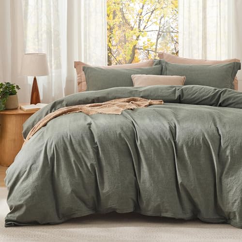 Bedsure Comforter Set King Size - Cotton Fabric with Microfiber Inner Fill, Grayish Olive Green Soft Bed Set for All Seasons, 3 Pieces, 1 Comforter (104" x 90") and 2 Pillow Cases (20" x 36") Bedsure