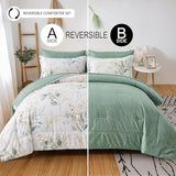 WONGS BEDDING Botanical Comforter Set Queen, 7 Pieces Green Reversible Bed in a Bag Floral Leaves Bedding Soft Microfiber Queen (1 Comforter,2 Pillowcase,2 Pillow Shams,1 Flat Sheet,1 Fitted Sheet) WONGS BEDDING