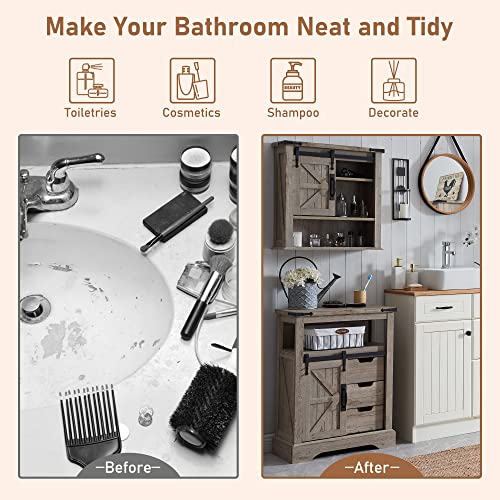 OKD Bathroom Floor Cabinet, Farmhouse Storage Cabinet with Sliding Barn Door & Storage Drawers, Small Storage Cabinet for Bathroom, Kitchen, Living Room, Light Rustic Oak OKD