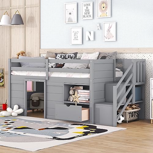 Bellemave Twin Low loft Bed for Kids,Wood Loft Beds,Modern Farmhouse Twin loft Bed with Storage, No Box Spring Needed, for Kids,Gray Bellemave