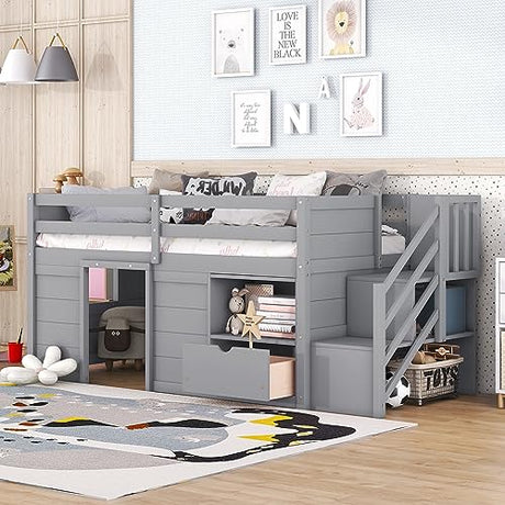 Bellemave Twin Low loft Bed for Kids,Wood Loft Beds,Modern Farmhouse Twin loft Bed with Storage, No Box Spring Needed, for Kids,Gray Bellemave