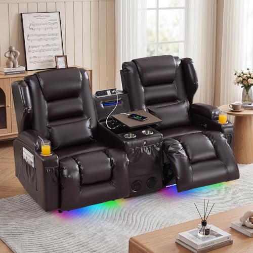 Loveseat Recliner Sofa, Power Reclining Loveseat Sofa Couches with Center Console, Bluetooth Speaker, LED Lights, Cup Holder, PU Leather Wall Hugger Recliners for Living Room, RV, Home Theater, Brown